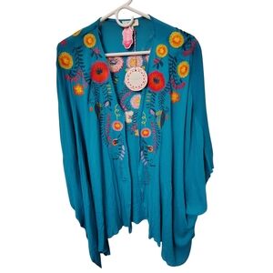 Umgee Women's Size M/L Teal Embroidered Kimono Cardigan Boho Festival NWT